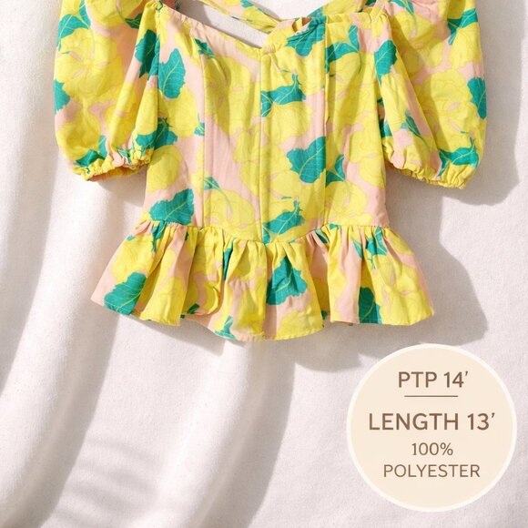 Milk & Honey Floral Puff Sleeve Peplum Crop Top | Romantic Cottagecore Blouse - Picture 2 of 8